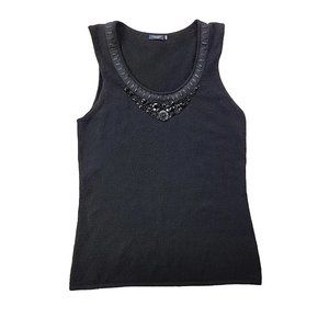 Magashoni Women L Black Cashmere Knit Sweater Tank Sequins Beading Luxury Dressy